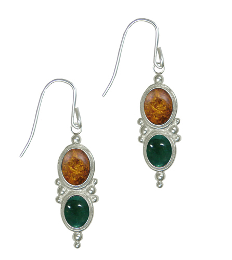 Sterling Silver Drop Dangle Earrings With Amber And Fluorite